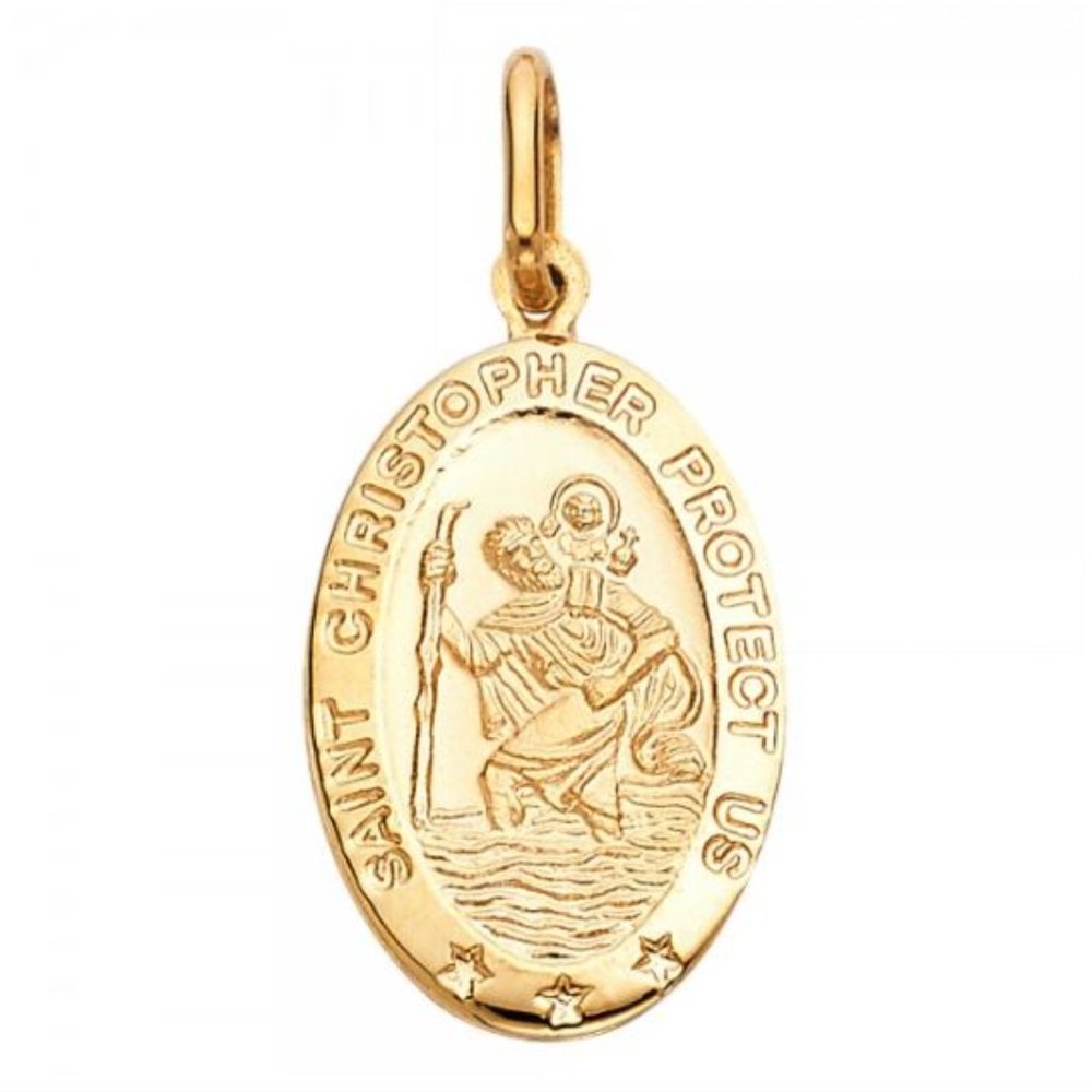 14k Yellow Gold Saint Christopher “Protect Us” Religious Medal Pendant 21x15 mm